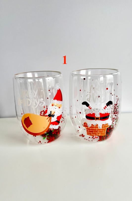 2er Set Weihnachtsgläser mit Santa & Glitzer – Doppelwandige Trinkgläser mit Schneekugel-Effekt