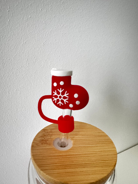 Silikon-Strohhalmaufsatz – Roter Weihnachtsstrumpf mit Schneeflocke