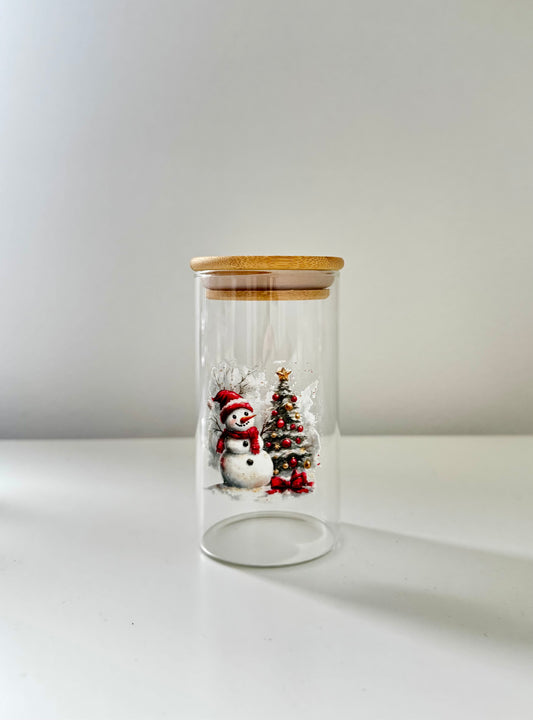 Glasbehälter mit Bambusdeckel (Schneemann)