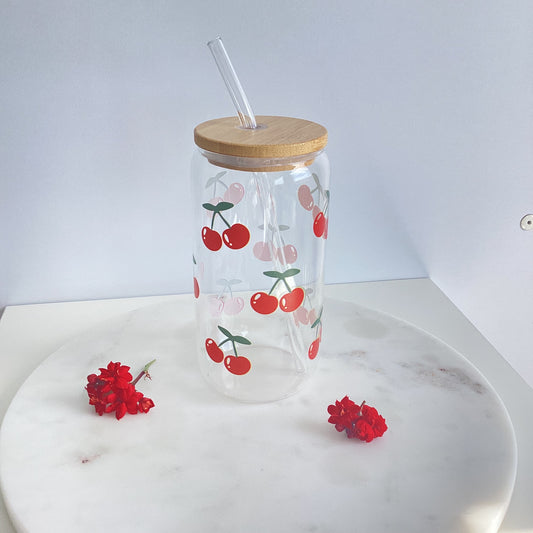 Trinkglas & Strohhalm mit Kirschmuster