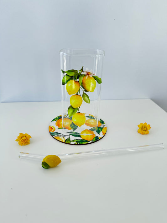 Trinkglas & Strohhalm mit Zitronenmuster (klein)